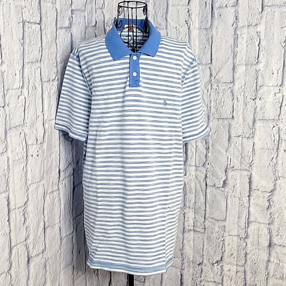PENGUIN BY MUNSING WEAR‎ Blue and White Striped Men's Polo Shirt Large